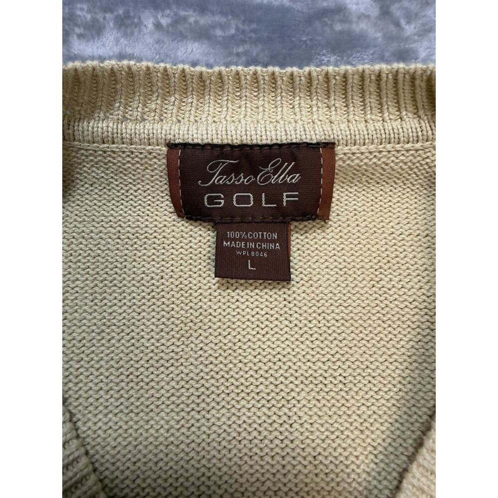 Tasso Elba Golf V-Neck Argyle Cotton Knit Sweater Mens Large Tan/Navy‎ Pattern - Picture 2 of 5